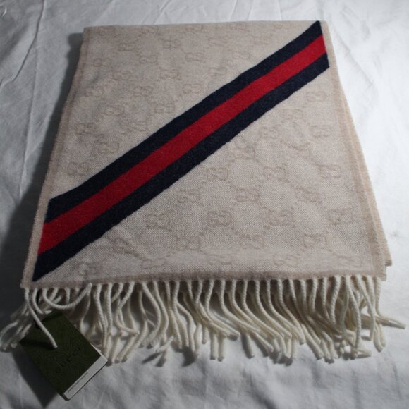 NWT GUCCI New Nikky Wool GG Monogram Web Scarf Tassel Beige Unisex 37 x 190 - Picture 1 of 7